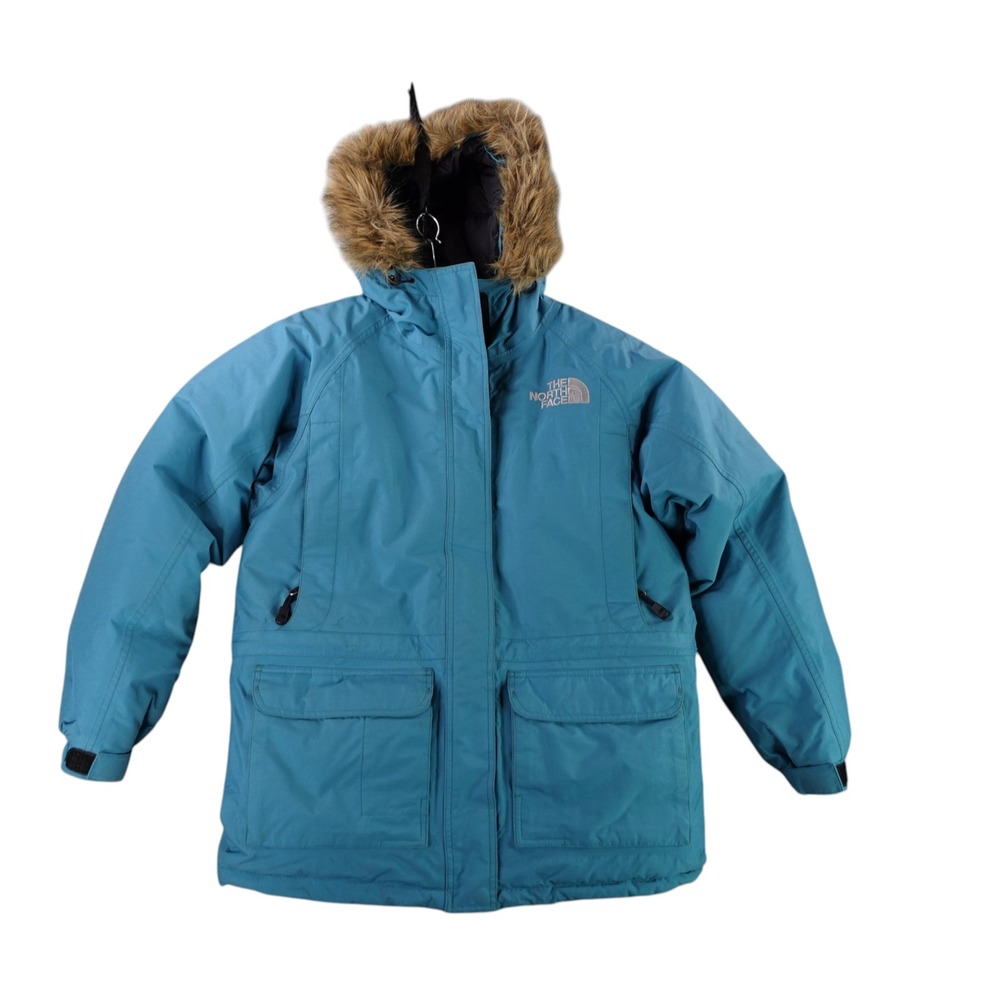 The North Face Parka Womens Medium Blue Goose Down Faux Fur Hood Jacket